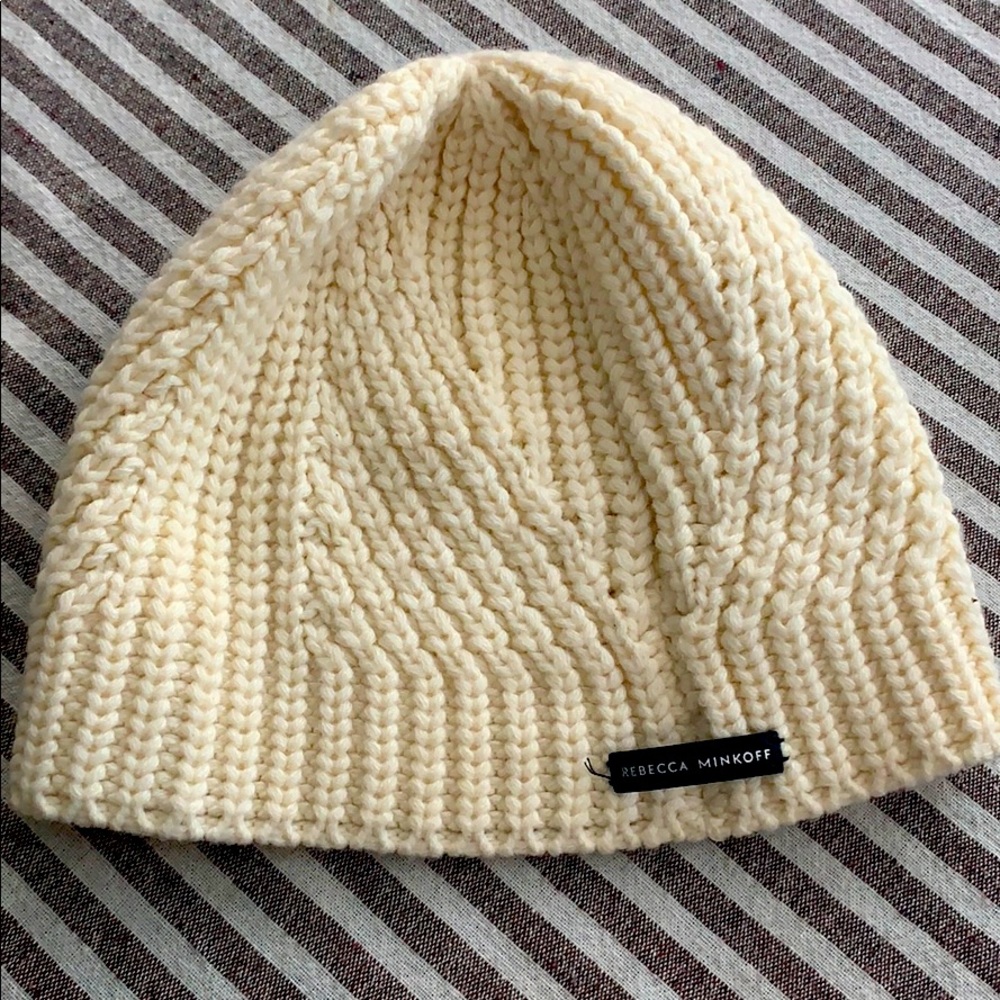 Rebecca Minkoff winter hat cream color black tag